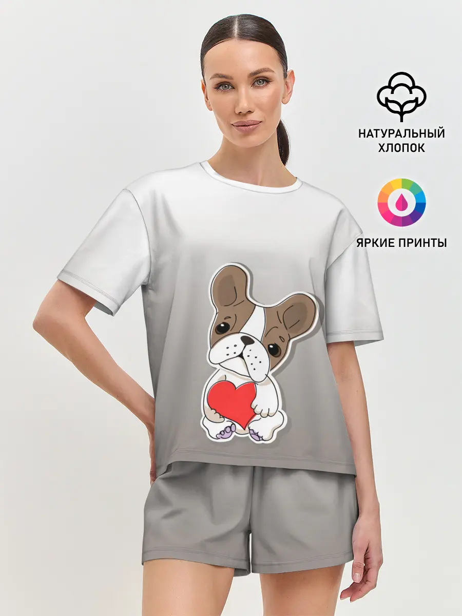 Женская пижама с шортами / французский бульдог сердечко