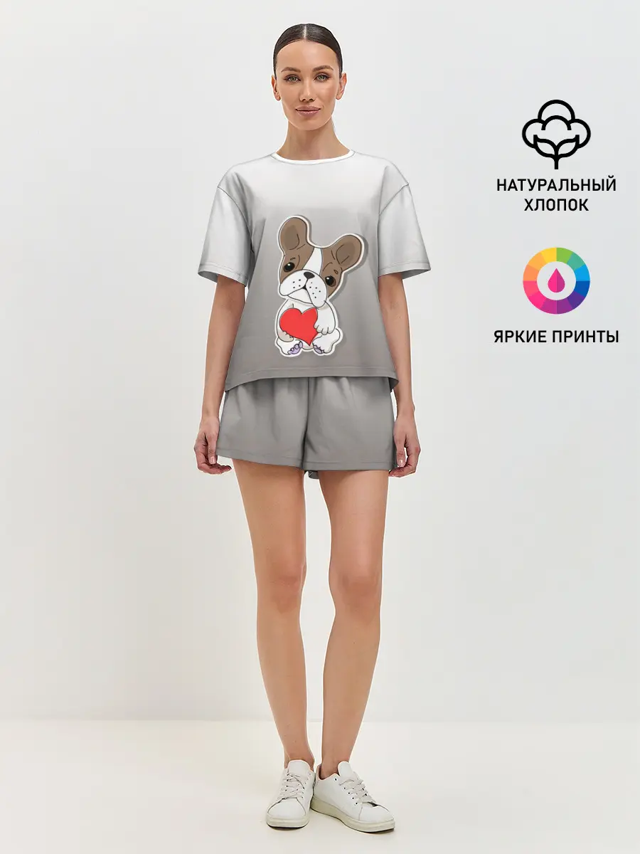 Женская пижама с шортами / французский бульдог сердечко