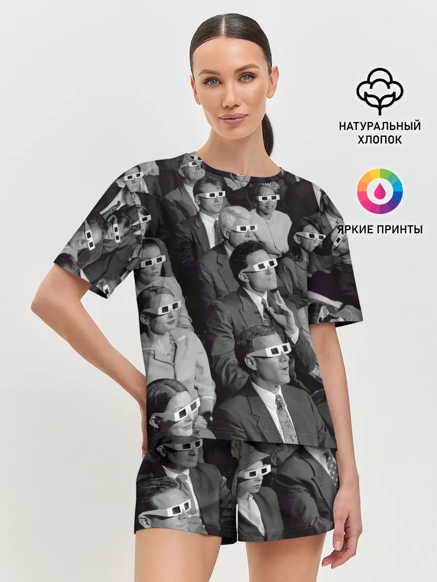 Женская пижама с шортами / Люди смотрят фильм в 3d очках