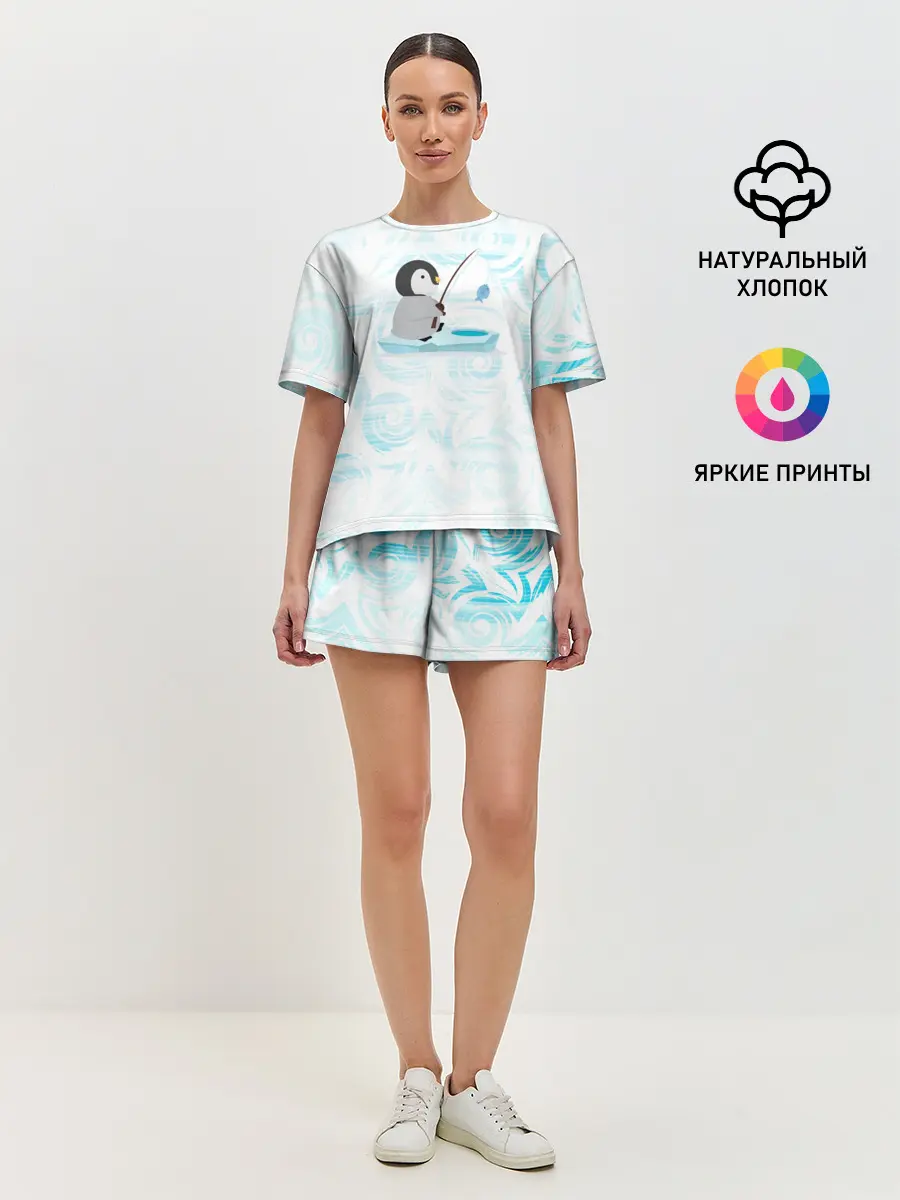 Женская пижама с шортами / Пингвин рыбачит