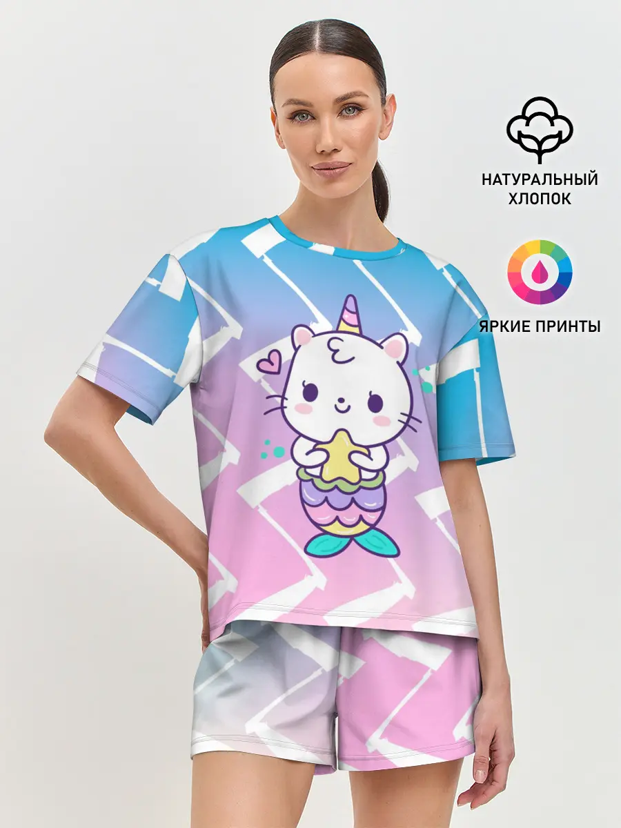 Женская пижама с шортами / Котик-рыбка-единорог