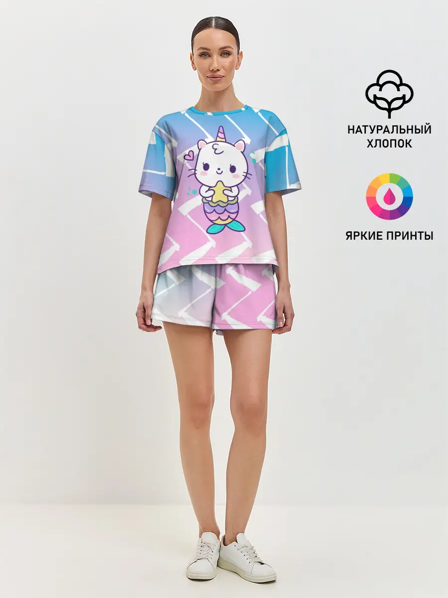 Женская пижама с шортами / Котик-рыбка-единорог