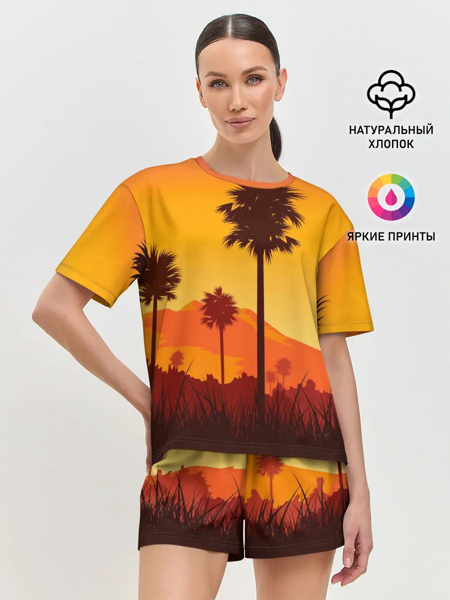 Женская пижама с шортами / Лето, Пальмы, вечер