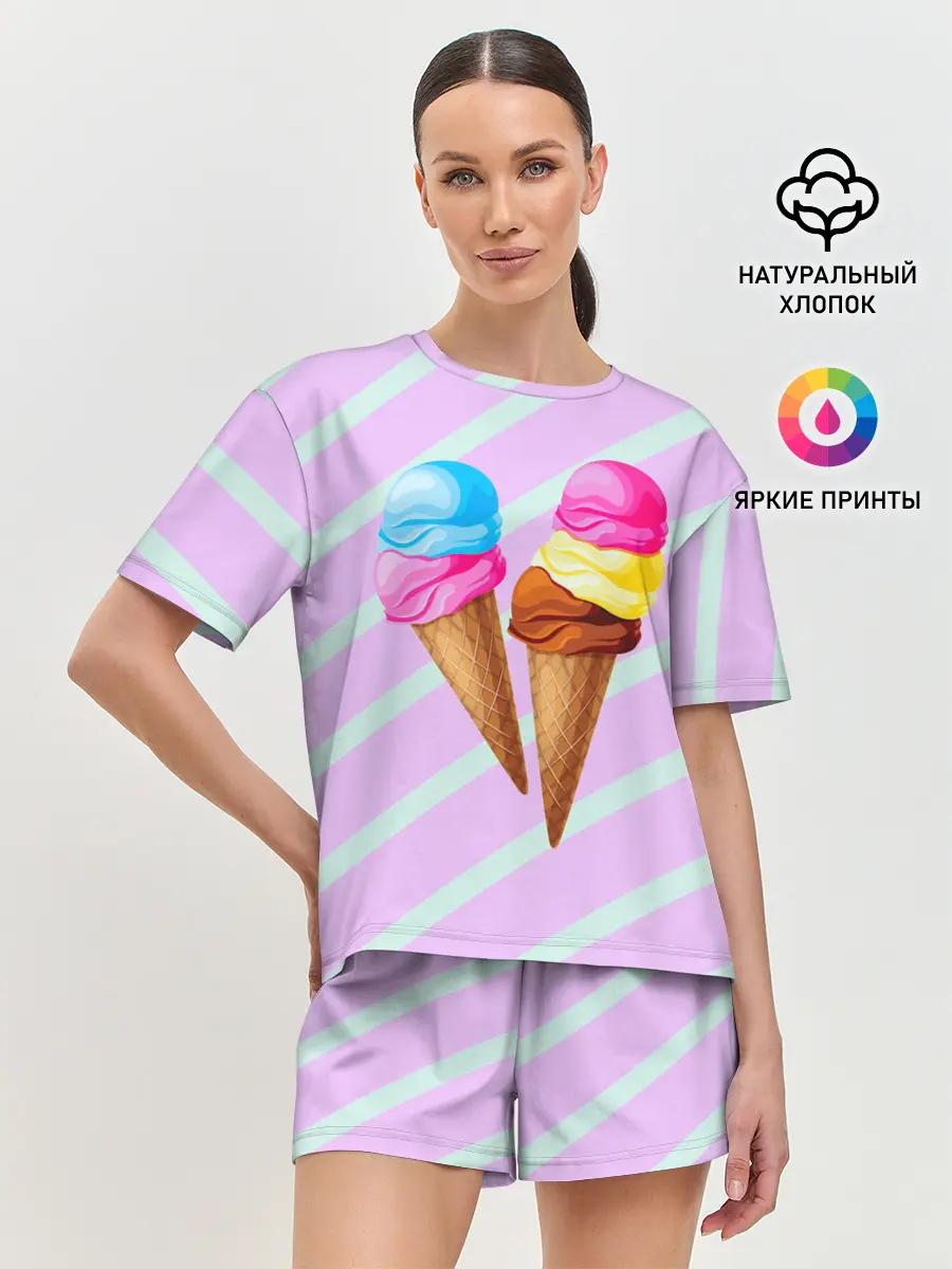 Женская пижама с шортами / Мороженое графический фон