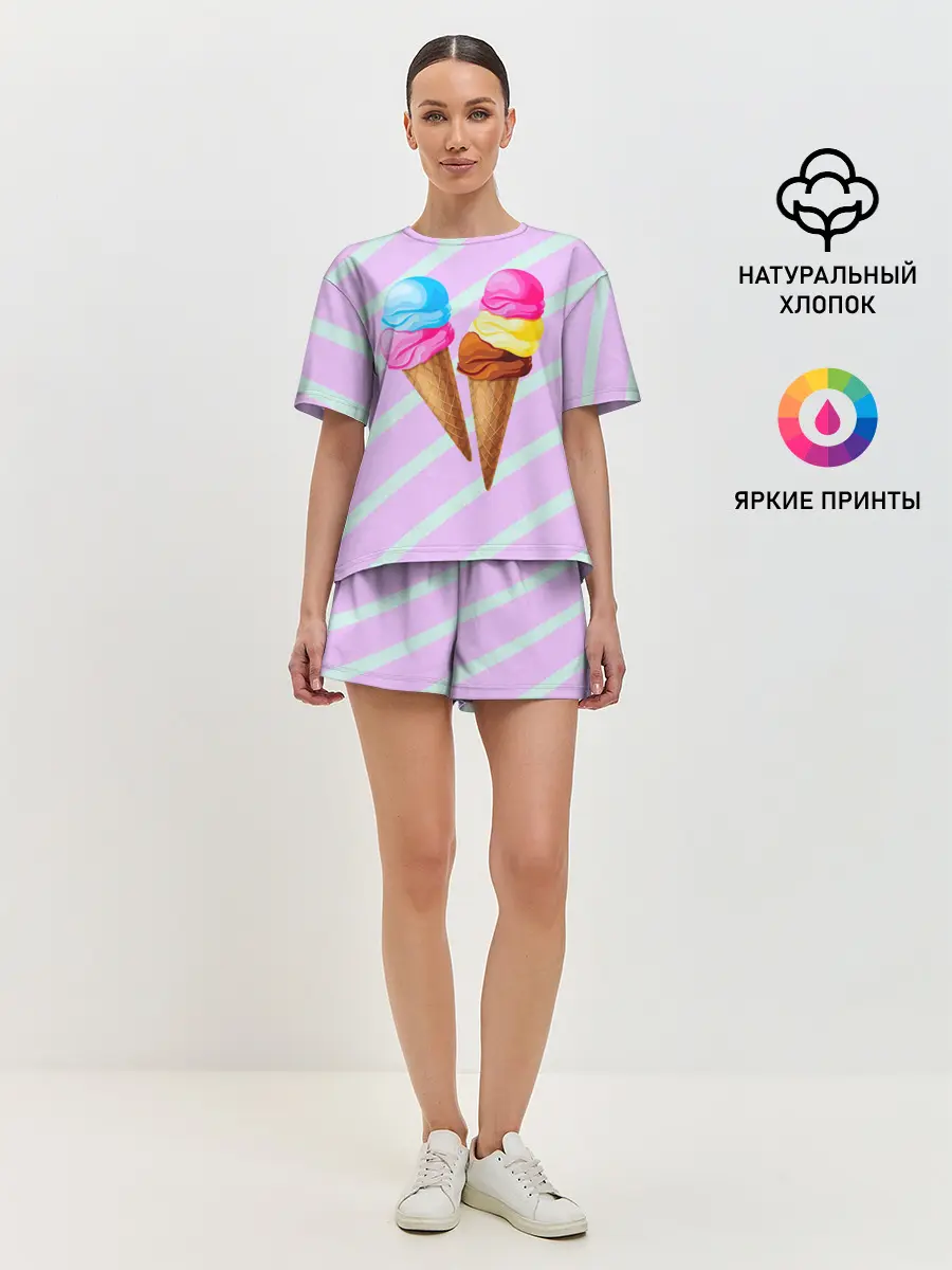Женская пижама с шортами / Мороженое графический фон