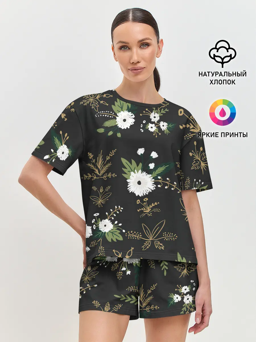 Женская пижама с шортами / Белые хризантемы