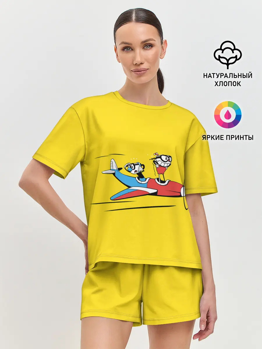 Женская пижама с шортами / Летящие кружки