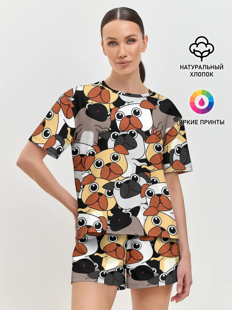 Женская пижама с шортами / Собаки мопсы