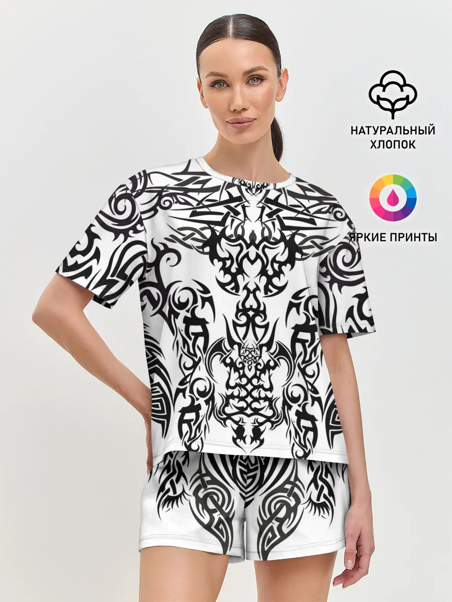 Женская пижама с шортами / ТАТУ ЧЕРНО БЕЛОЕ УЗОР