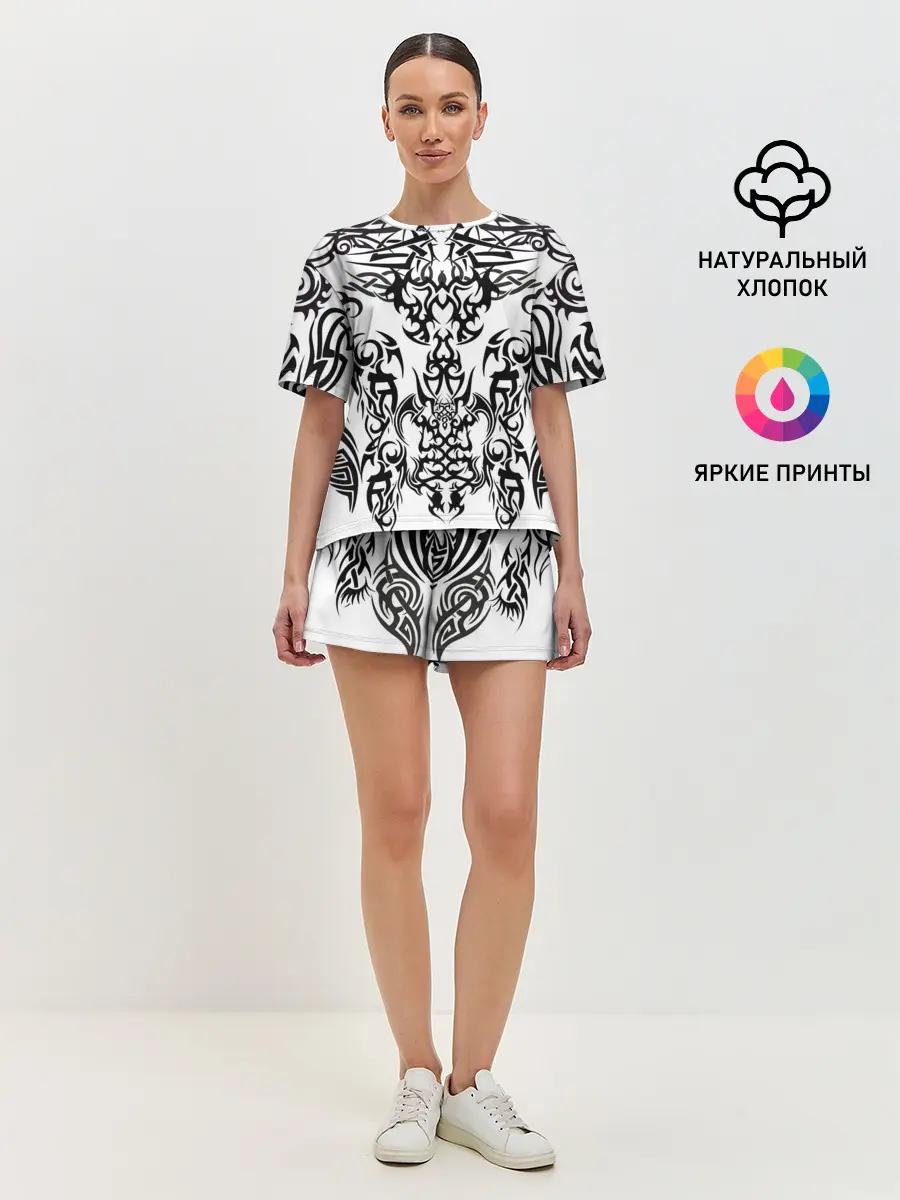 Женская пижама с шортами / ТАТУ ЧЕРНО БЕЛОЕ УЗОР