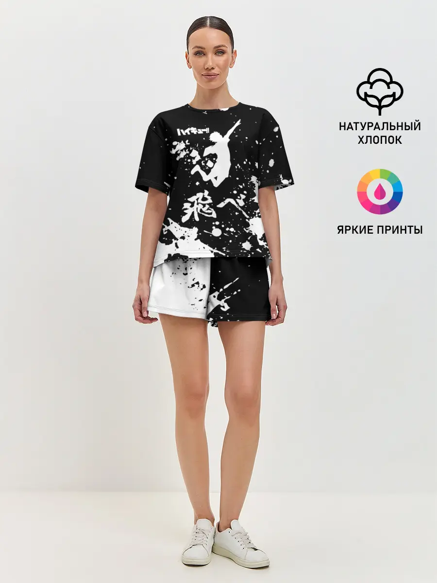 Женская пижама с шортами / Fly High Haikyu!! черно - белый