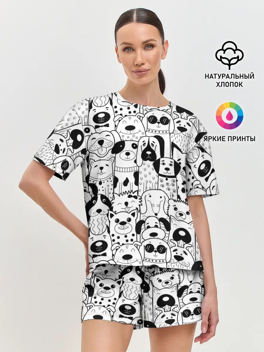 Женская пижама с шортами / Собаки черно-белое