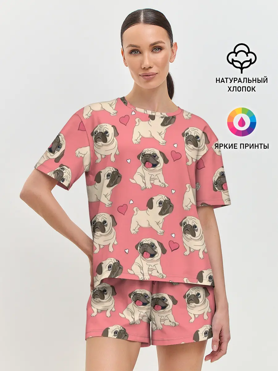 Женская пижама с шортами / Мопсики и Сердечки