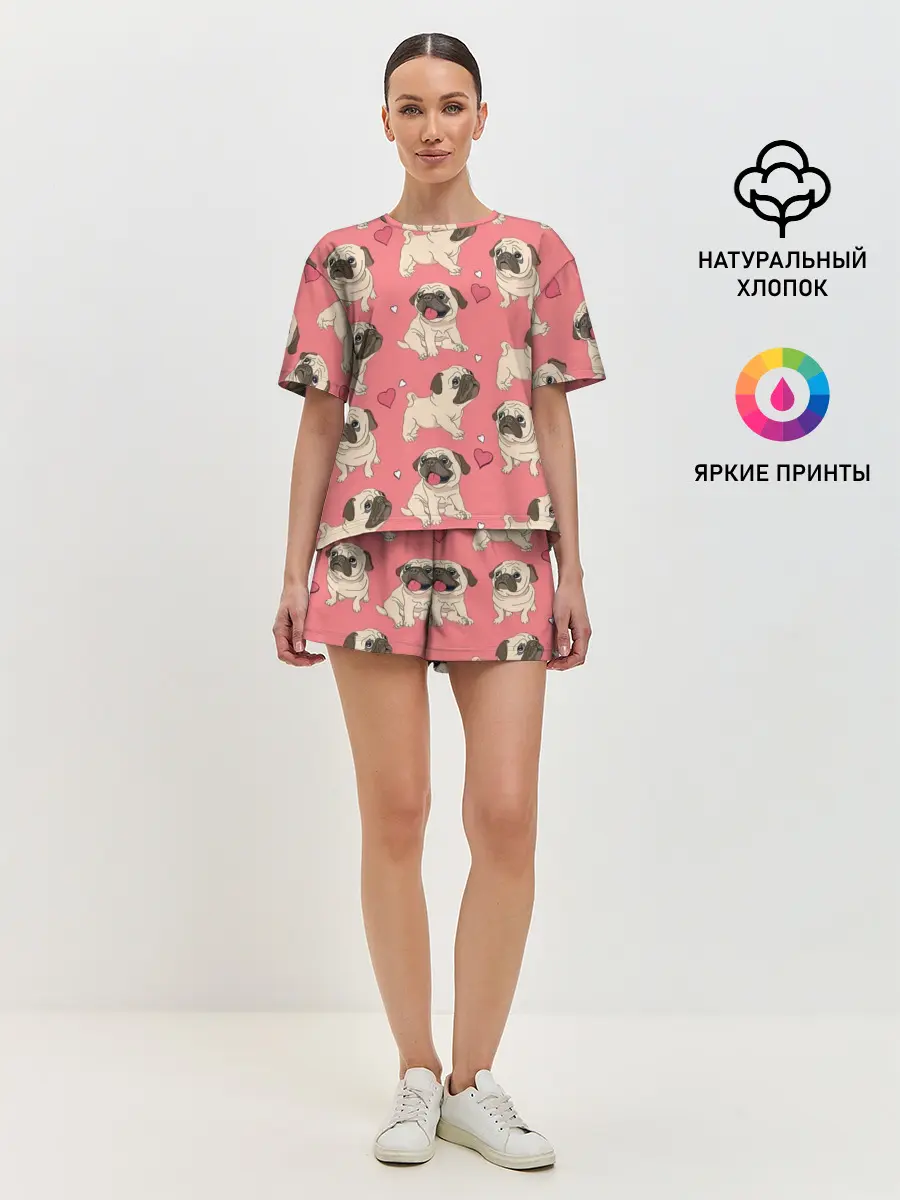 Женская пижама с шортами / Мопсики и Сердечки