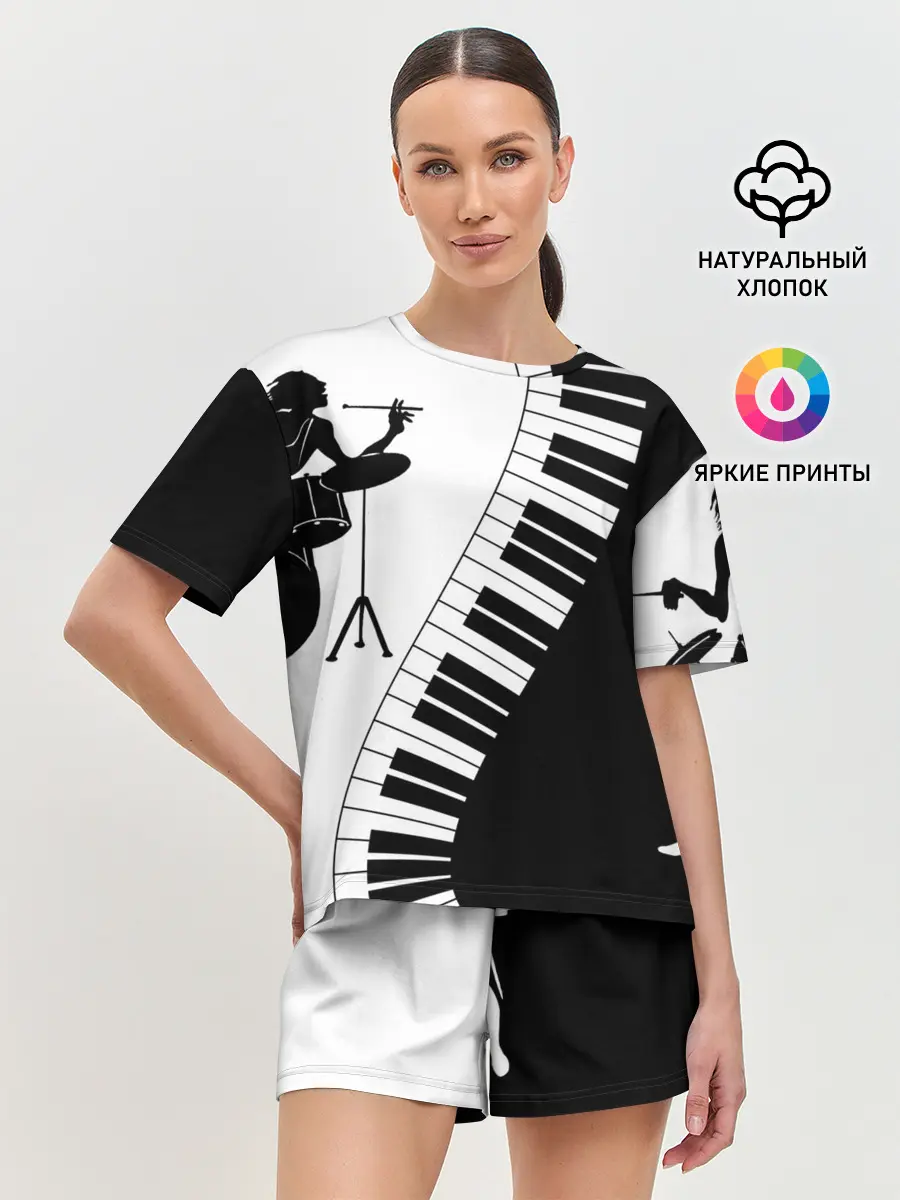 Женская пижама с шортами / Черно Белое пианино