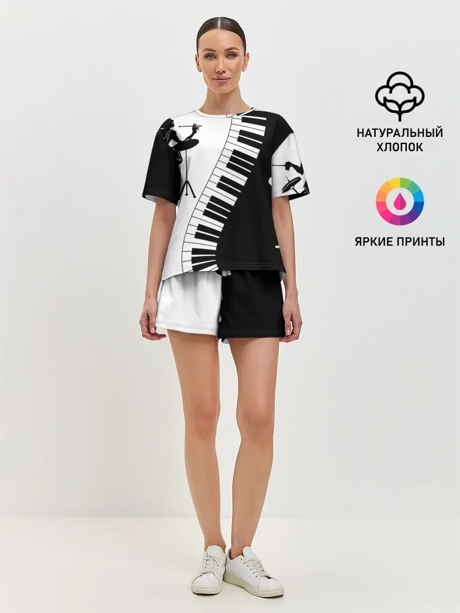 Женская пижама с шортами / Черно Белое пианино