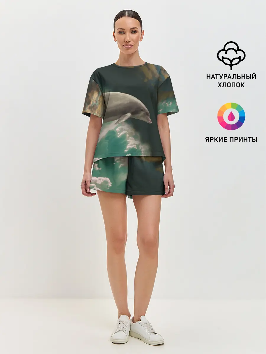 Женская пижама с шортами / Дельфин в облаках