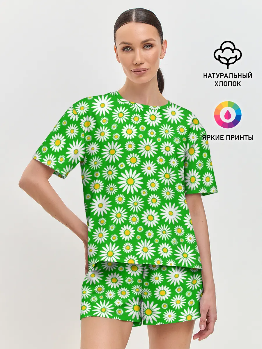 Женская пижама с шортами / Ромашки на зелёном фоне