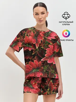 Женская пижама с шортами / Красные листья