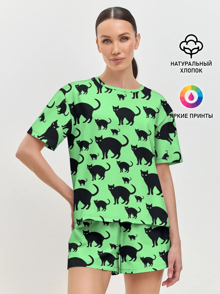 Женская пижама с шортами / Кошачий фон