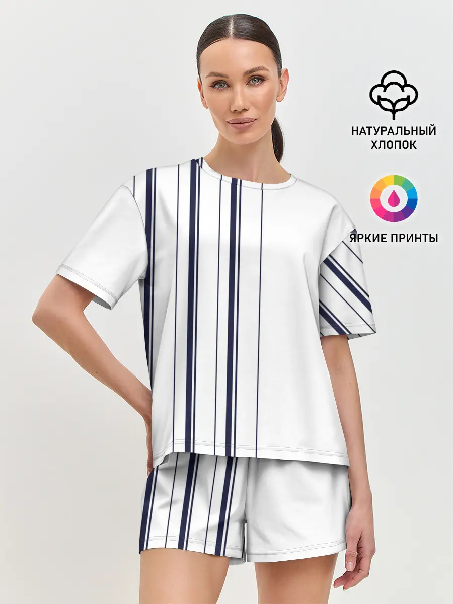 Женская пижама с шортами / Белые и синие полосы | Stripes