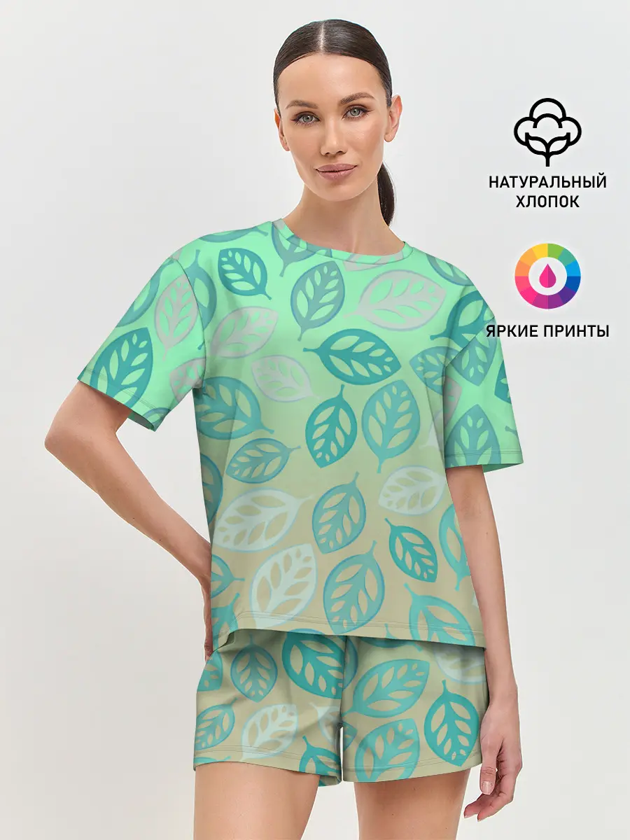 Женская пижама с шортами / узор из листиков