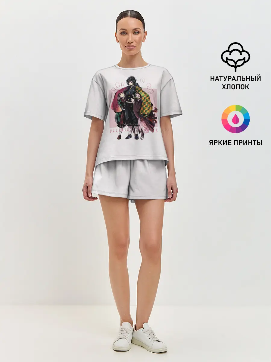 Женская пижама с шортами / Гию оберегает Танджиро и Незуко