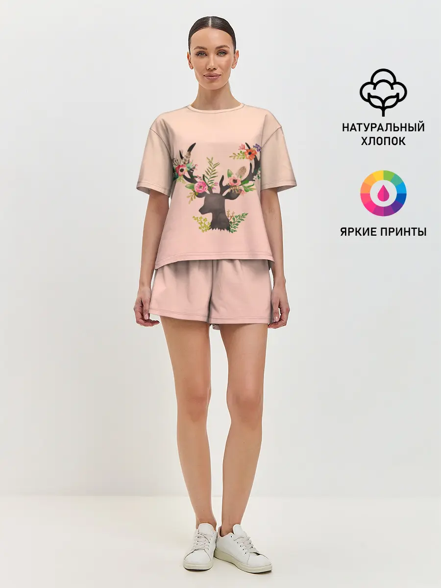 Женская пижама с шортами / олень рога цветы