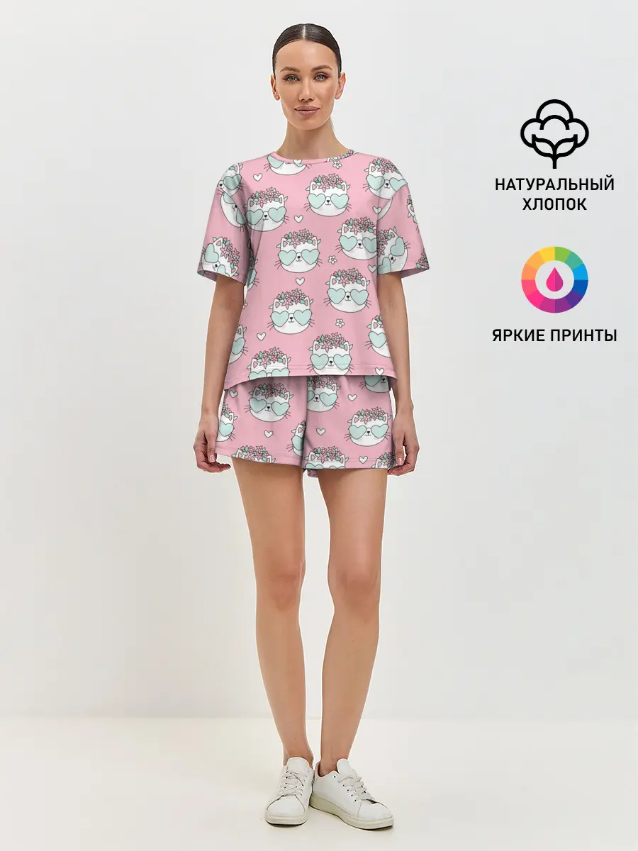 Женская пижама с шортами / Котики с цвточками