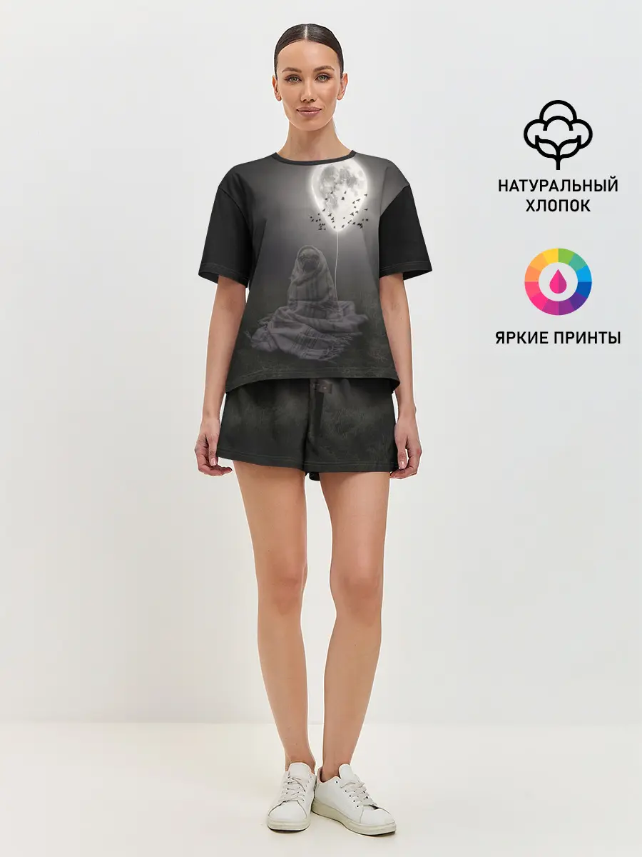 Женская пижама с шортами / Мопс и луна