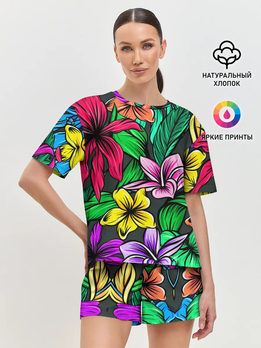 Женская пижама с шортами / Цветочный фон | Пляжная