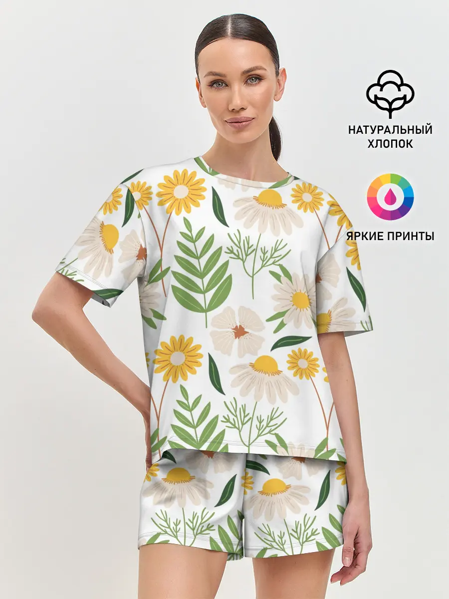 Женская пижама с шортами / Цветы и листья