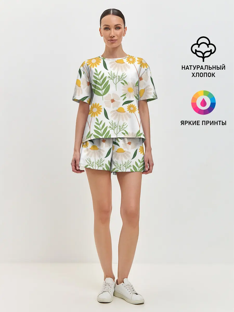 Женская пижама с шортами / Цветы и листья