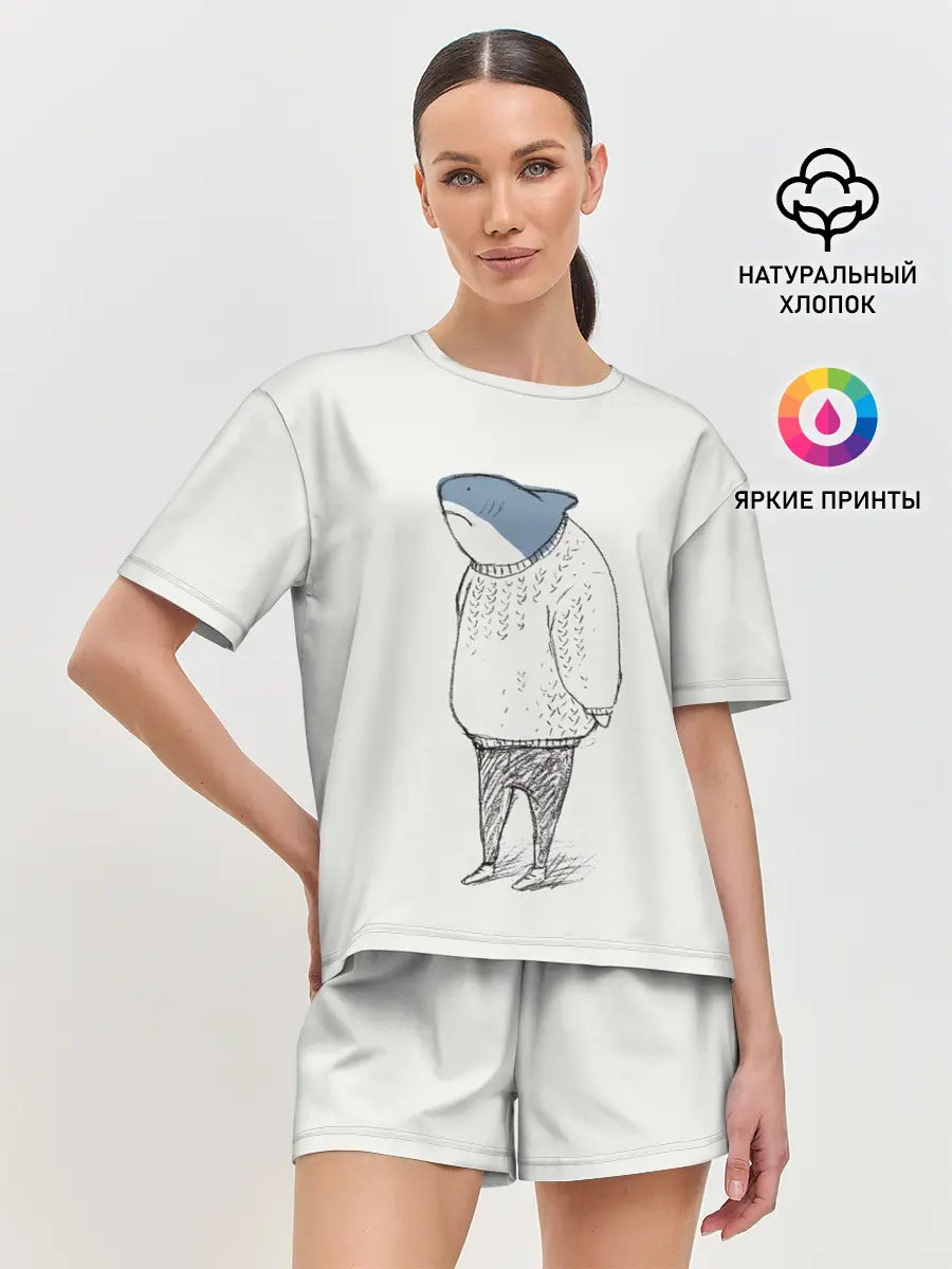 Женская пижама с шортами / акула в свитере