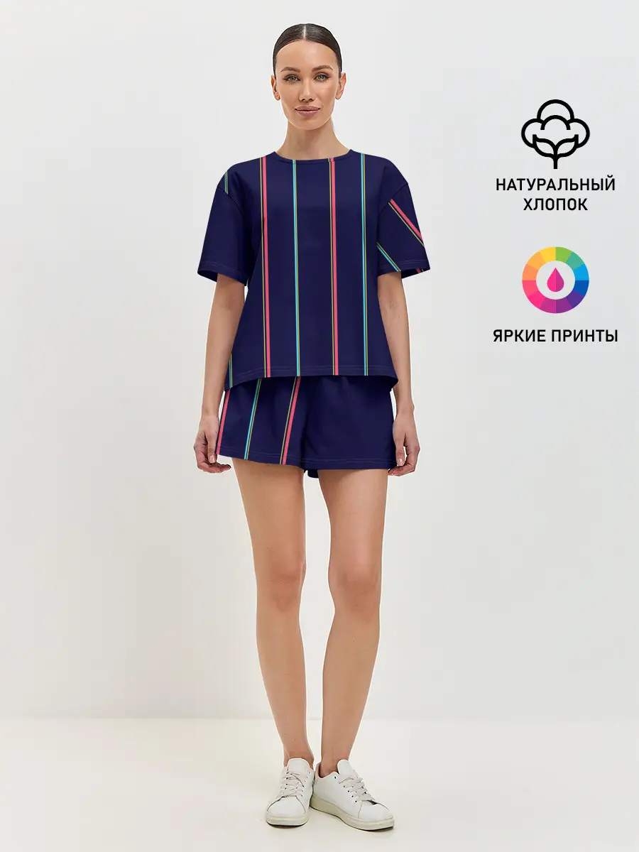 Женская пижама с шортами / Синие и розовые полосы