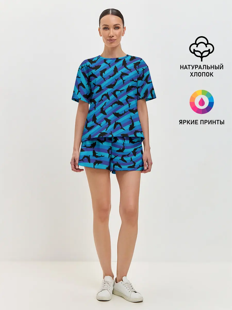 Женская пижама с шортами / Черные акулы паттерн