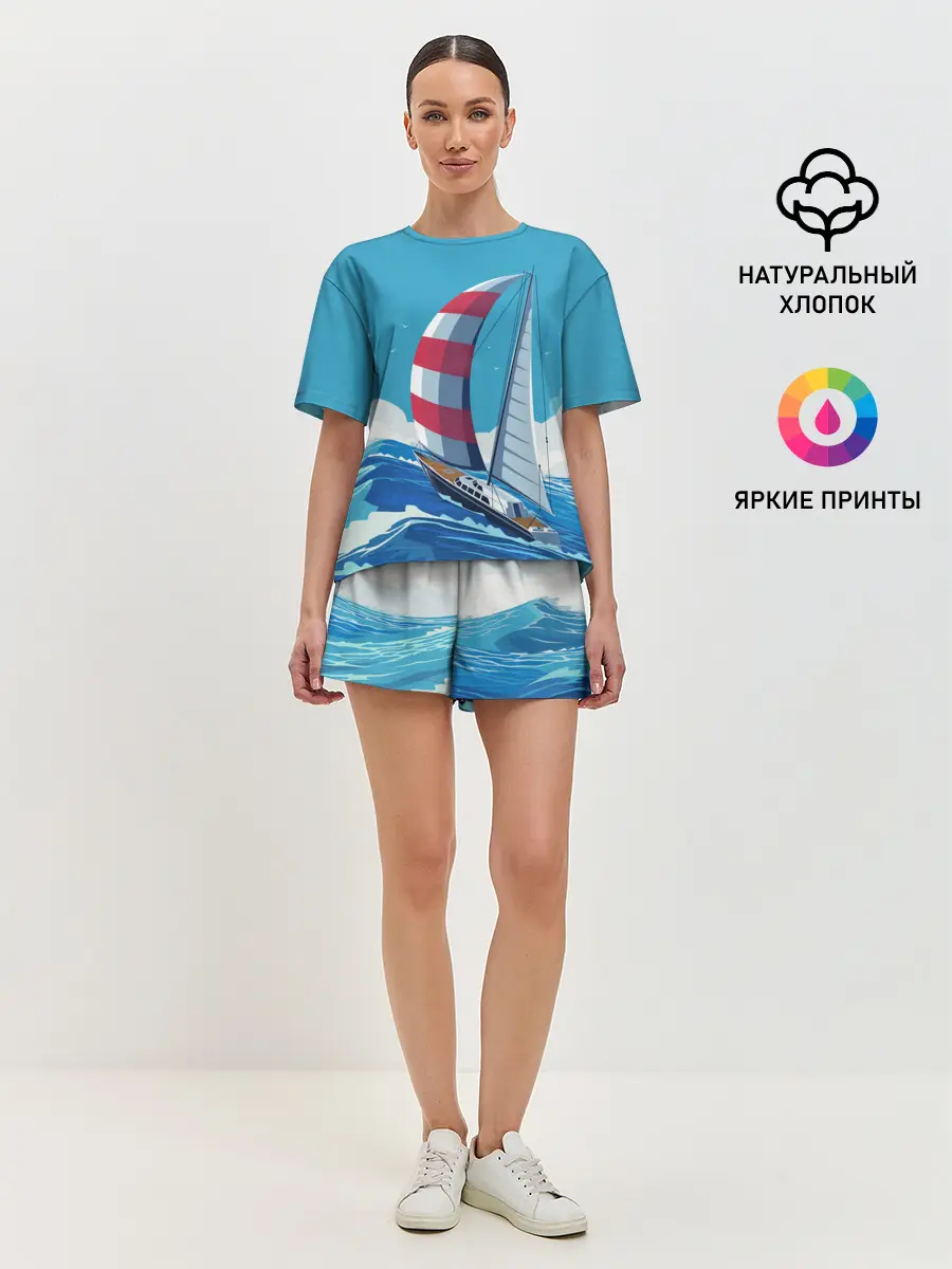 Женская пижама с шортами / ПАРУСНИК В МОРЕ | ЛЮБЛЮ МОРЕ