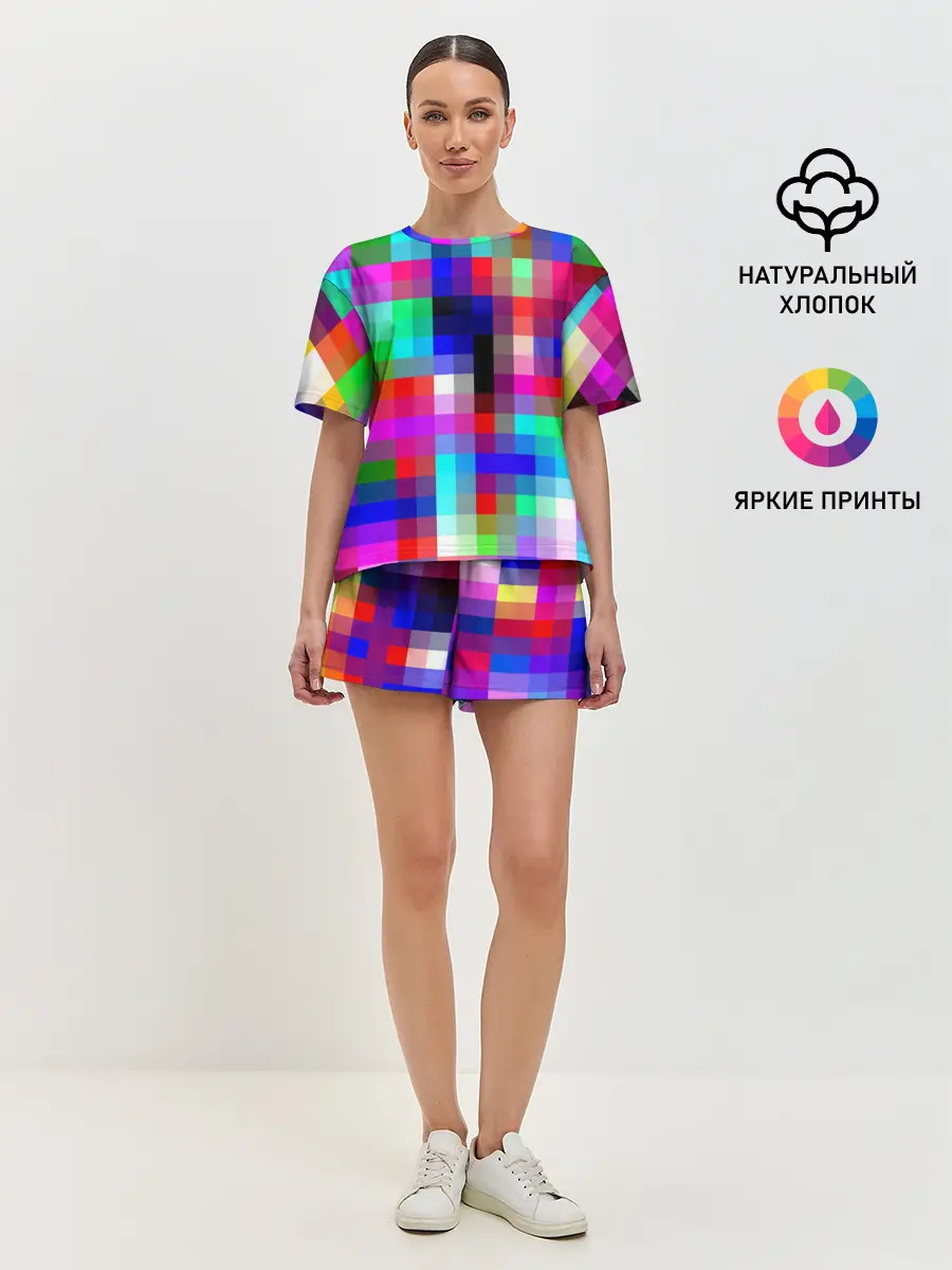Женская пижама с шортами / РАЗНОЦВЕТНЫЕ ПИКСЕЛИ / КУБЫ