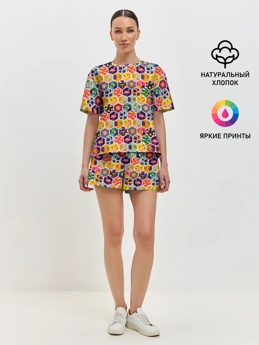 Женская пижама с шортами / Тропический коллаж