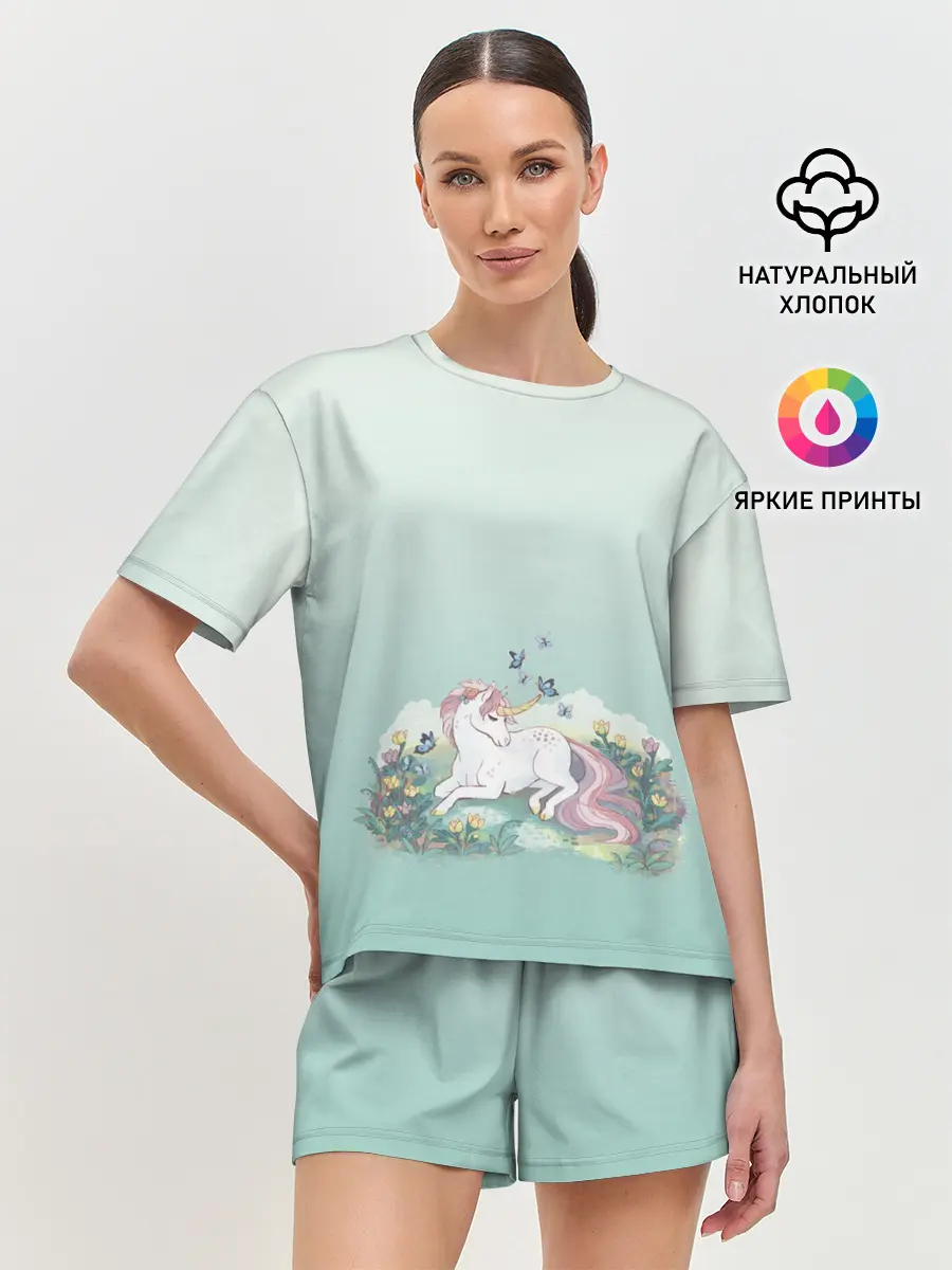 Женская пижама с шортами / единорог с бабочками