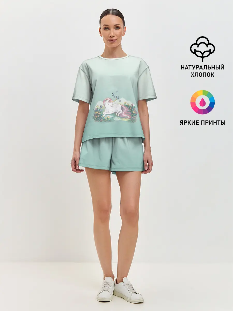 Женская пижама с шортами / единорог с бабочками