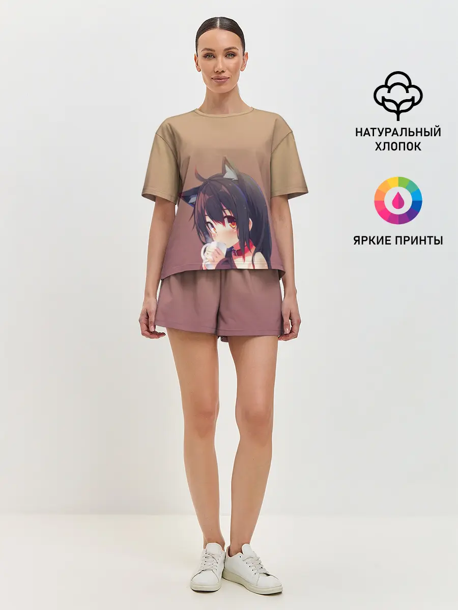 Женская пижама с шортами / девочка ушки кофе