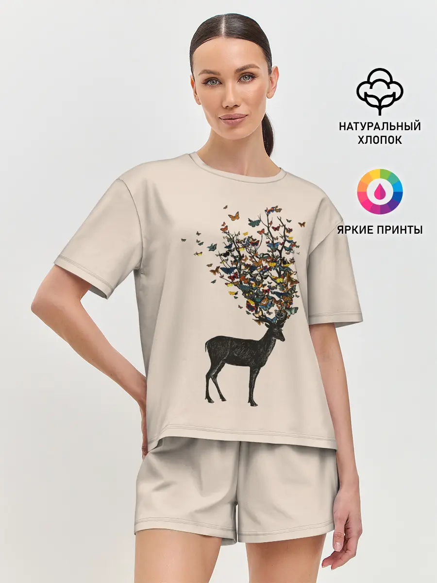 Женская пижама с шортами / Олени с рогами из бабочек