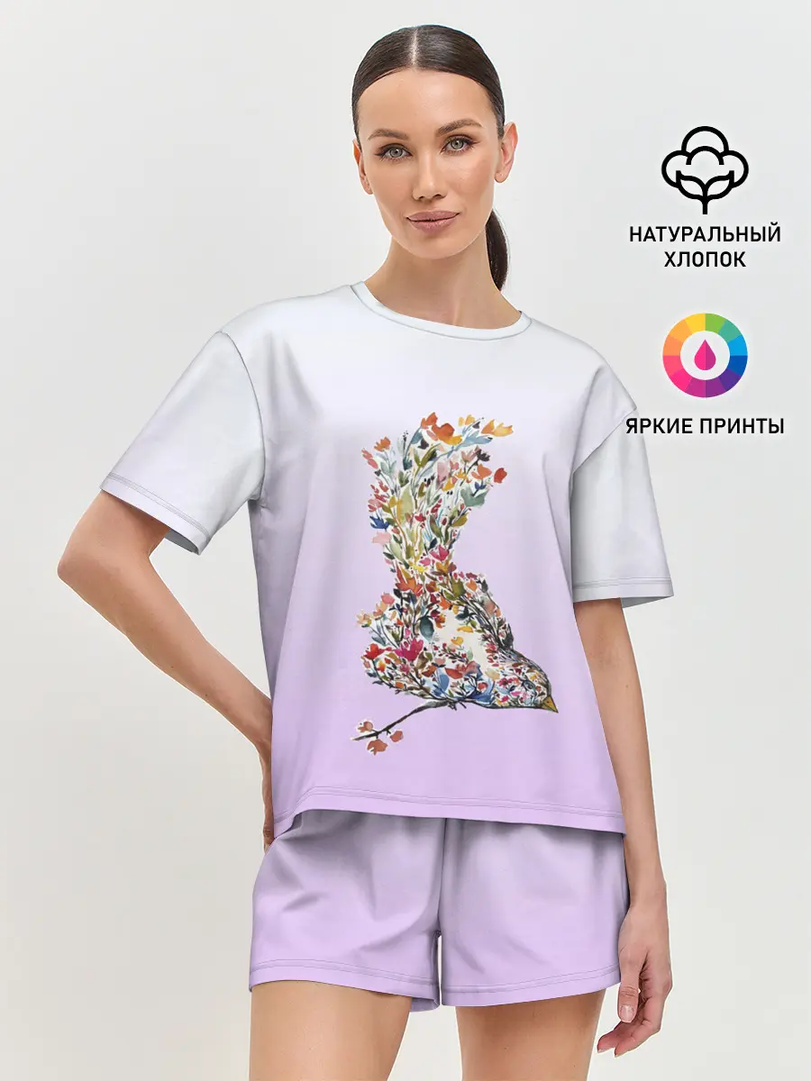 Женская пижама с шортами / акварельная птичка