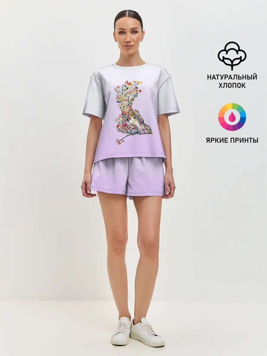 Женская пижама с шортами / акварельная птичка