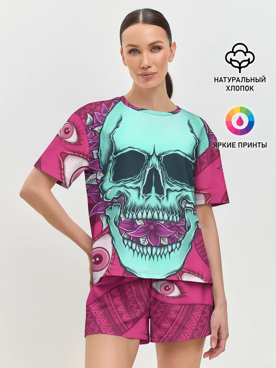 Женская пижама с шортами / Череп в цветах