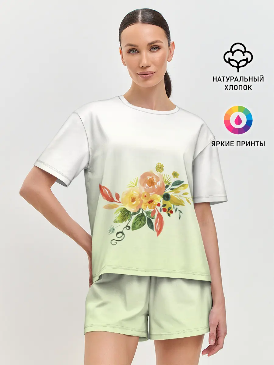 Женская пижама с шортами / букет рисунок