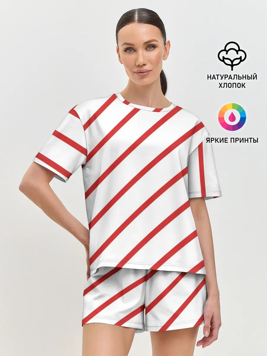 Женская пижама с шортами / Полосы красные на белом