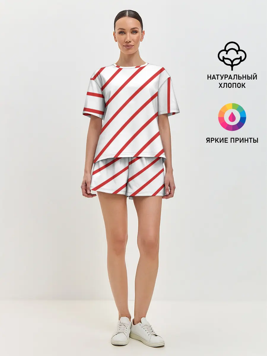 Женская пижама с шортами / Полосы красные на белом
