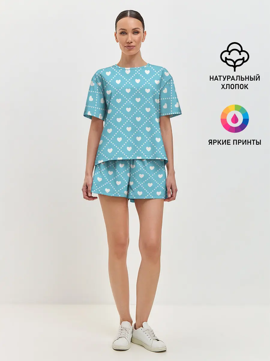 Женская пижама с шортами / Белые сердечки на голубом фоне